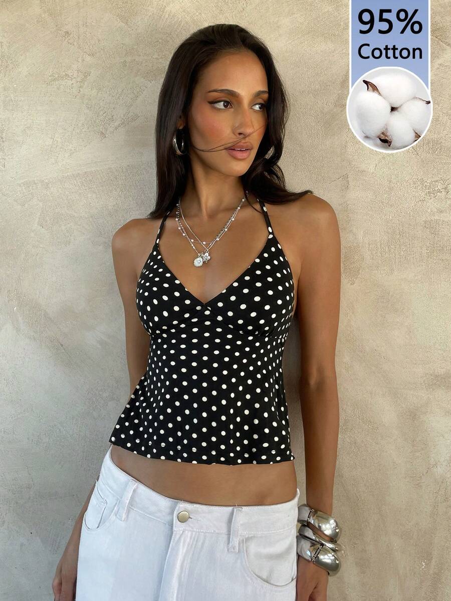 Aloruh Elegantes sexy Damen-Tanktop für den Urlaub, schwarz-weiß gepunktet, rückenfrei, Y2K Hot Girl Style, für Musikfestivals und Sommerurlaub - Schwarz und Weiss - Übersicht 1