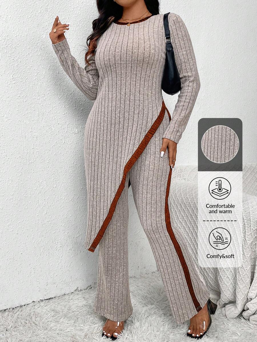 SHEIN Frenchy 女士加大码不对称下摆优雅针织两件套 - 彩色 - 查看 1