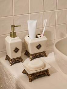 Cirelle 1pc Luxury Simple Ceramic Ice Crack Creative Press Type, European Ceramic Lotion Bottle, Hotel Household Bathroom Shower Gel Hand Sanitizer Bottle Toothbrush Rack Soap Rack And Other Single Bathroom Accessories - Bathroom storage items - View 2