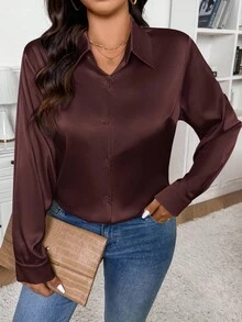 SHEIN Frenchy 休閒法式緞面米色大尺碼襯衫，適合辦公、通勤和日常穿著，女款秋季服飾 - 咖啡棕 - 查看 3