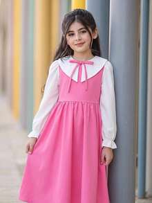 SHEIN Young Girl Young Girl College Style Colorblock Peter Pan Collar Long Sleeve Dress - Pink - View 11