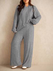 Elaquor Plus Size Solid Color Hooded Neck Long Sleeve Top And Pants Casual 2 Pieces Set Fall - Grey - View 5