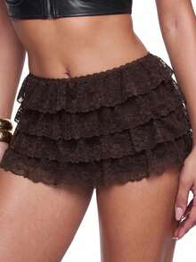 SHEIN ICON Women's Low Waist Layered Lace Ruffle Skorts - Brown - View 3