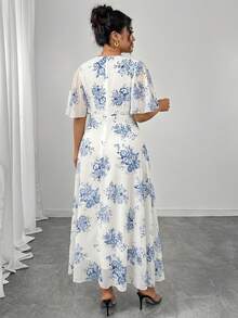Modelyn Women's Plus Size Elegant Spring/Summer Round Neck Ruffle Bell Sleeve Fitted Drapey Chiffon Dress - Multicolor - View 2