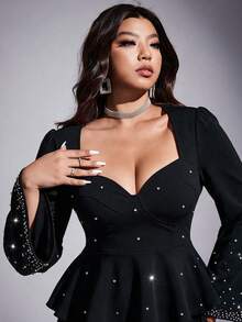 Viva Relle Plus Size Women's Heavy Embellished Rhinestone Black Waist-Cinching Blouse, Exquisite Atmosphere Outfit For Evening Party And Date Fall - Black - View 3