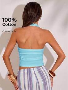 SHEIN BAE Women's Solid Color Backless Halter Neck Cropped Tank Top - Mint Blue - View 2