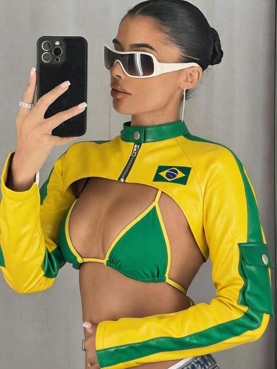 SHEIN ICON 女款立領拼接色休閒百搭日常夾克 - 彩色 - 查看 1