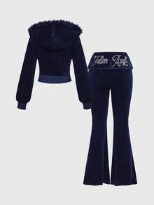 ROMWE Grunge Punk Setelan Wanita 2 Potong: Sweatshirt Berkerudung Pas Badan Bermotif Rhinestone Beludru Gaya Y2K Millennium Hot Girl, Celana Flare Pinggang Rendah - Navy Blue - View 2