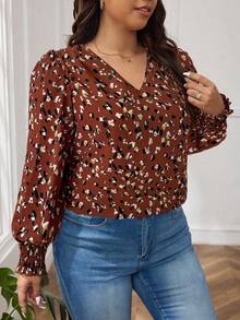 SHEIN Frenchy 全身豹纹灯笼袖衬衫 - 橘色 - 查看 3