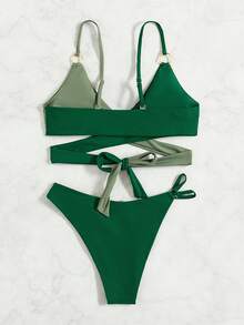 Swim Vcay Summer Beach Color Block Bikini Set Criss Cross Wrap Bra & Cheeky Bottom 2 Piece Bathing Suit - Green - View 4