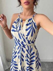 Elenzga Women's Spring/Summer Apricot Elegant Casual Beaded Design Sleeveless Fitted Slim Fit A-Line Dress - Blue - View 3