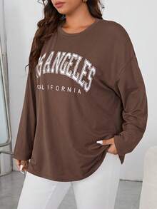 SHEIN Essnce Plus Letter Graphic Drop Shoulder Tee Fall - Coffee Brown - View 4