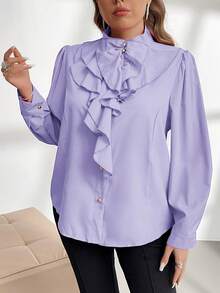 Firerie Plus Size Asymmetrical Ruffle Hem Elegant Office Shirt Spring Fall - Mauve Purple - View 6