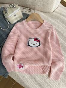 HELLO KITTY AND FRIENDS | SHEIN GraphicGems 女童圓領刺繡針織套頭毛衣，純粉色，可愛甜美休閒風，簡約百搭，柔軟舒適，適合秋季旅行 - 粉色 - 查看 5