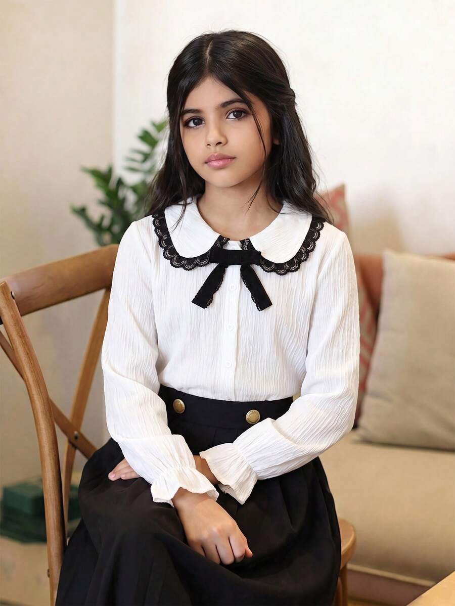 SHEIN 少女蕾絲飾邊休閒百搭日常長袖襯衫 - 白色 - 查看 1