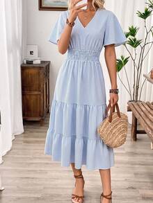 Celisse Summer Style Blue And White Stripe V-Neck Flutter Sleeve Cinched Waist Tiered Ruffle Hem Elastic Long Dress For Women Picnic Vacation French Boho - Blue - View 3