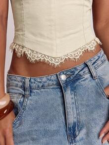 SHEIN BAE Women's Solid Color Lace Patchwork Bandeau Top - Apricot - View 7