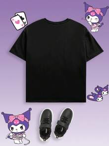 HELLO KITTY AND FRIENDS | SHEIN 青少年女孩卡通印花休闲百搭可爱宽松落肩宽松短袖 T 恤，夏季 - 黑色 - 查看 2