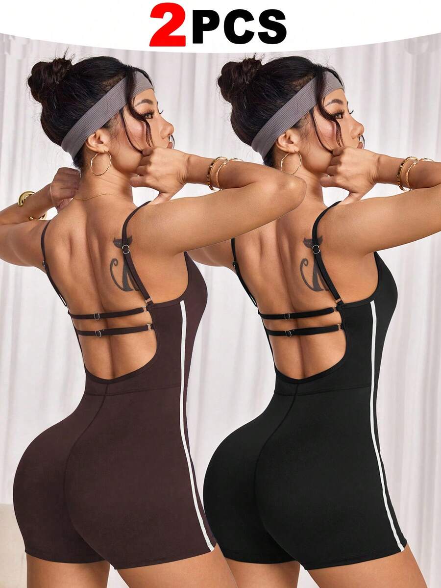 SHEIN Velisys 女款純色露背細肩帶運動連身衣與短褲兩件套 - 彩色 - 查看 1