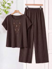 Rusticease 女款度假休閒刺繡上衣與長褲兩件套 - 巧克力棕 - 查看 3