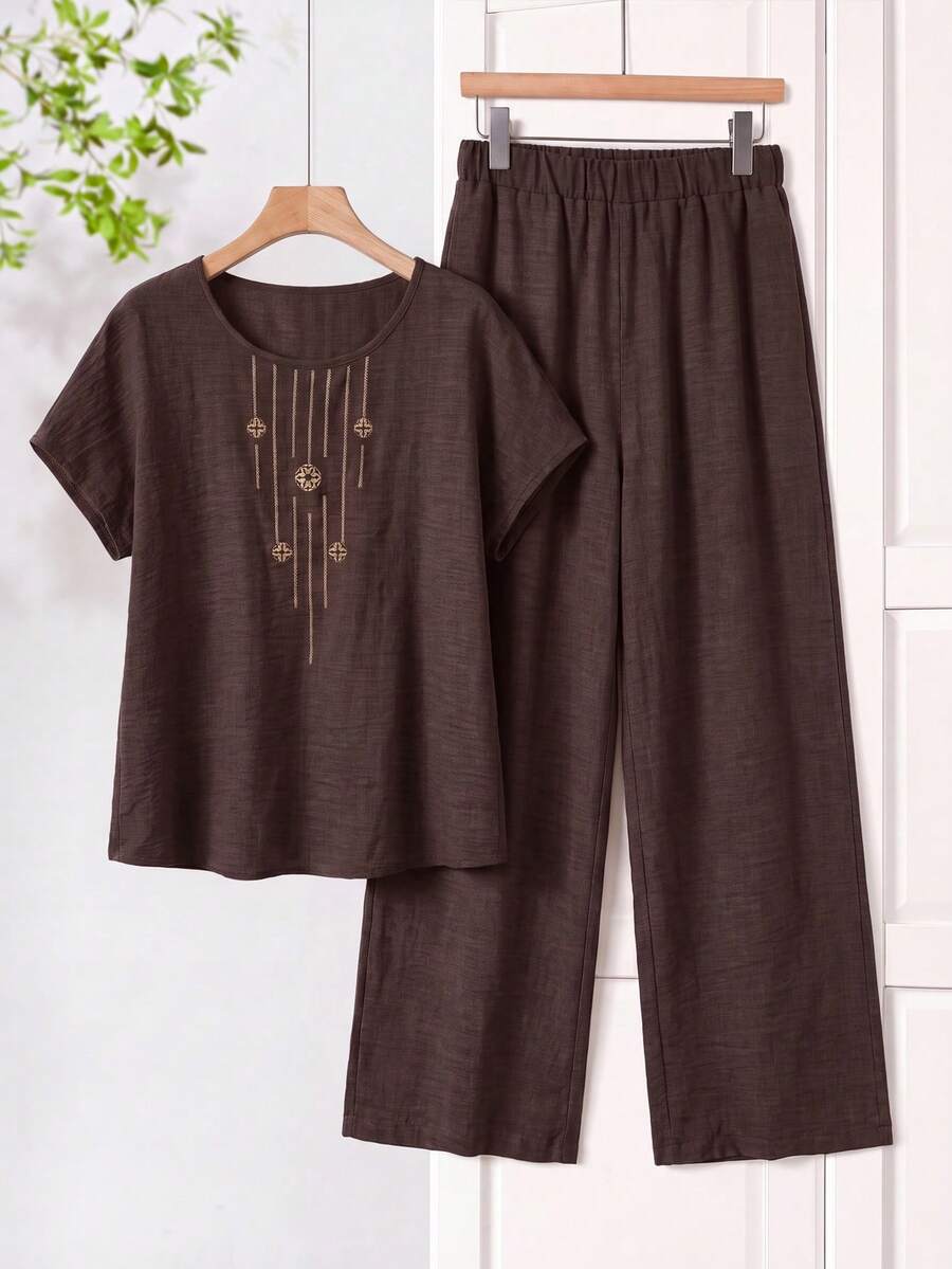 Rusticease 女款度假休閒 1960年代風刺繡上衣與長褲兩件套 棕色 夏季 正式上班穿搭 - 巧克力棕 - 查看 1