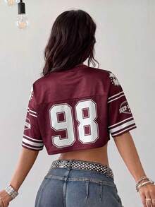 Coolane 女款夏季街頭風休閒字母數字印花 Y2K 鄉村風百搭日常上衣 適合派對夜店 勃艮地紅針織 T-shirt - 酒紅色 - 查看 2