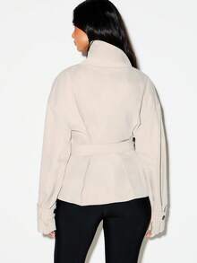KIZN Oversized Belted Trench Jacket With Stand Collar Button Front Closure And Wide Cuffs Perfect For Autumn Winter Layering - Khaki - View 4