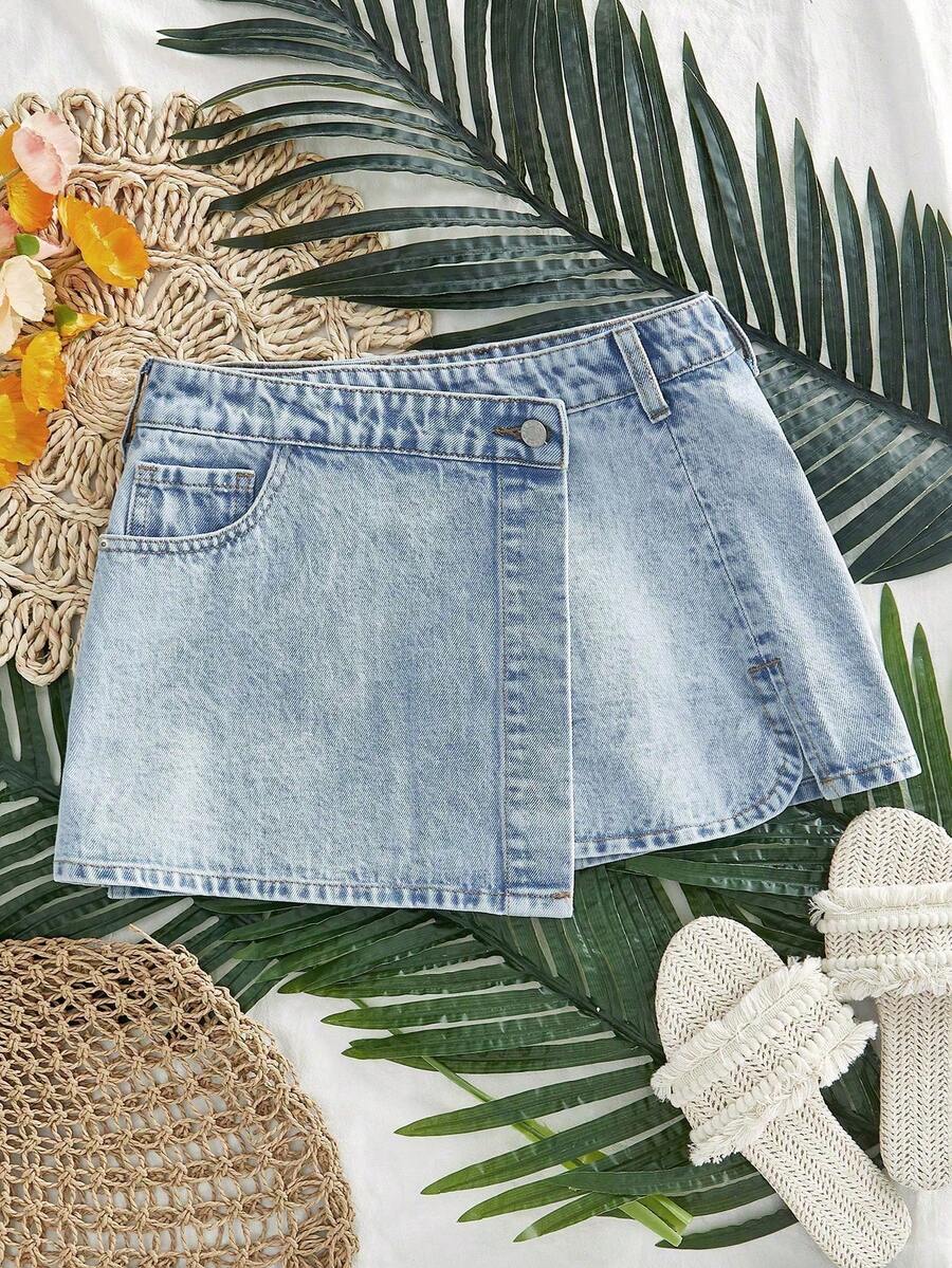SHEIN Tall Tall Asymmetric Slit Washed Denim Skirt - Light Wash - View 1