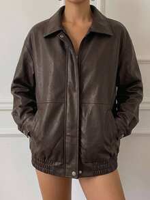 DAZY Women's Fashionable Versatile Casual Jacket, Autumn Leather Jacket School Cute Tops - Brown - View 2