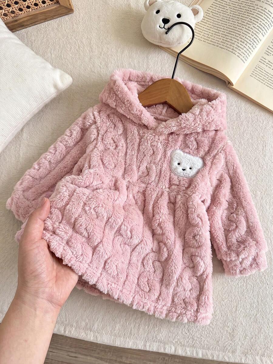 SHEIN Playful Pals 女嬰秋季/冬季休閒甜美可愛趣味3D熊圖案毛絨布連帽洋裝,適合戶外活動與日常休閒穿著 - 淺粉色 - 查看 1