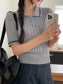 DAZY 女款拼色條紋復古扭繩針織修身短袖 Polo 領休閒度假優雅春秋套頭針織上衣 - 灰色 - 查看 1