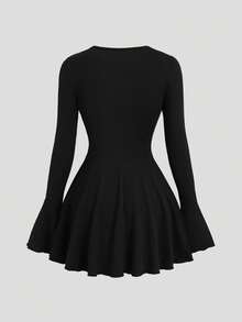 SHEIN Sweetro 女款蕾絲拼接喇叭袖長袖洋裝 - 黑色 - 查看 2