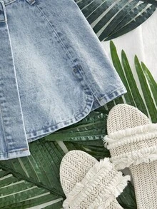 SHEIN Tall Tall Asymmetric Slit Washed Denim Skirt - Light Wash - View 3