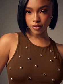 Denimoi Studded Round Neck Fashionable Sleeveless Top - Coffee Brown - View 2