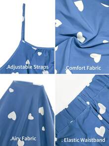 SHEIN Unity Plus Size Women's Heart Print Camisole & Self-Tie Waist Swing Midi Skirt 2 Pieces Set, Elegant Design For Beach, Party, Festival, Spring/Summer - Blue and White - View 8