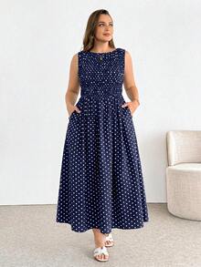 SHEIN Essnce 大尺碼女款春夏時尚休閒優雅舒適日常百搭修身顯瘦棕色波點收腰中長洋裝，附口袋，復古波點洋裝，午餐洋裝，外出穿搭 - 藏蓝色 - 查看 3