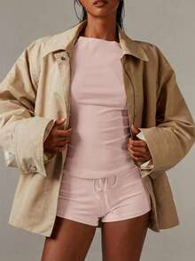 Athîral Women's Casual Solid Color Knit Gray Shorts - Pink - View 3