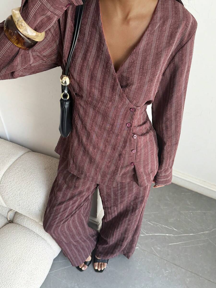 DAZY Women's V-Neck Brown Stripe Waist-Cinching Blouse And Loose Straight-Leg Pants Business Casual 2 Pieces Set Autumn Office Brunch - Burgundy - View 1