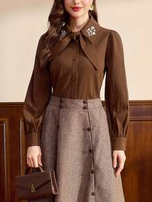 Vintamour Vintage Elegant Women's Blouse With Ditsy Floral, Embroidery, Bow Tie, Turn-Down Collar, Buttons, Casual Commute Holiday Festival Top - Brown - View 6