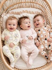 SHEIN Playful Pals Baju Terusan Bayi Baru Lahir Motif Lucu untuk Halloween, Set Pakaian Rumah 3 Potong, Motif Hantu Kecil yang Menggemaskan. - Aprikot - View 3