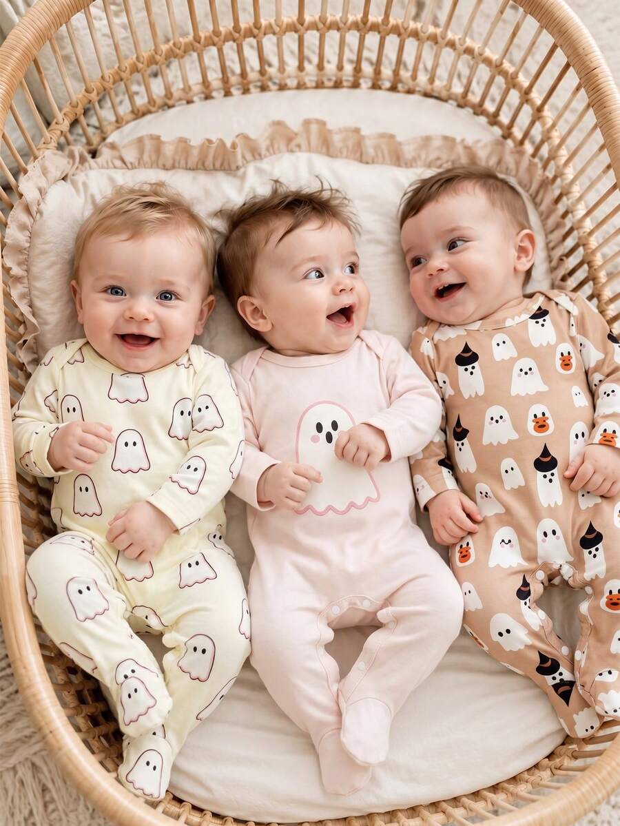 SHEIN Playful Pals Halloween Infant Newborn Baby Pumpkin Pattern Cute Print Jumpsuit Home Wear 3 Pieces Set Halloween Little Ghost Cute Pattern - Apricot - View 1
