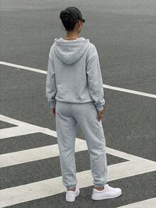 SHEIN LUNE Letter Graphic Drawstring Hoodie & Sweatpants - Light Grey - View 2