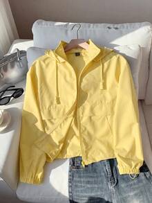 SHEIN EZwear 大尺碼女款休閒長袖拉鍊連帽外套 淡黃色 秋季 - 鵝黃色 - 查看 1
