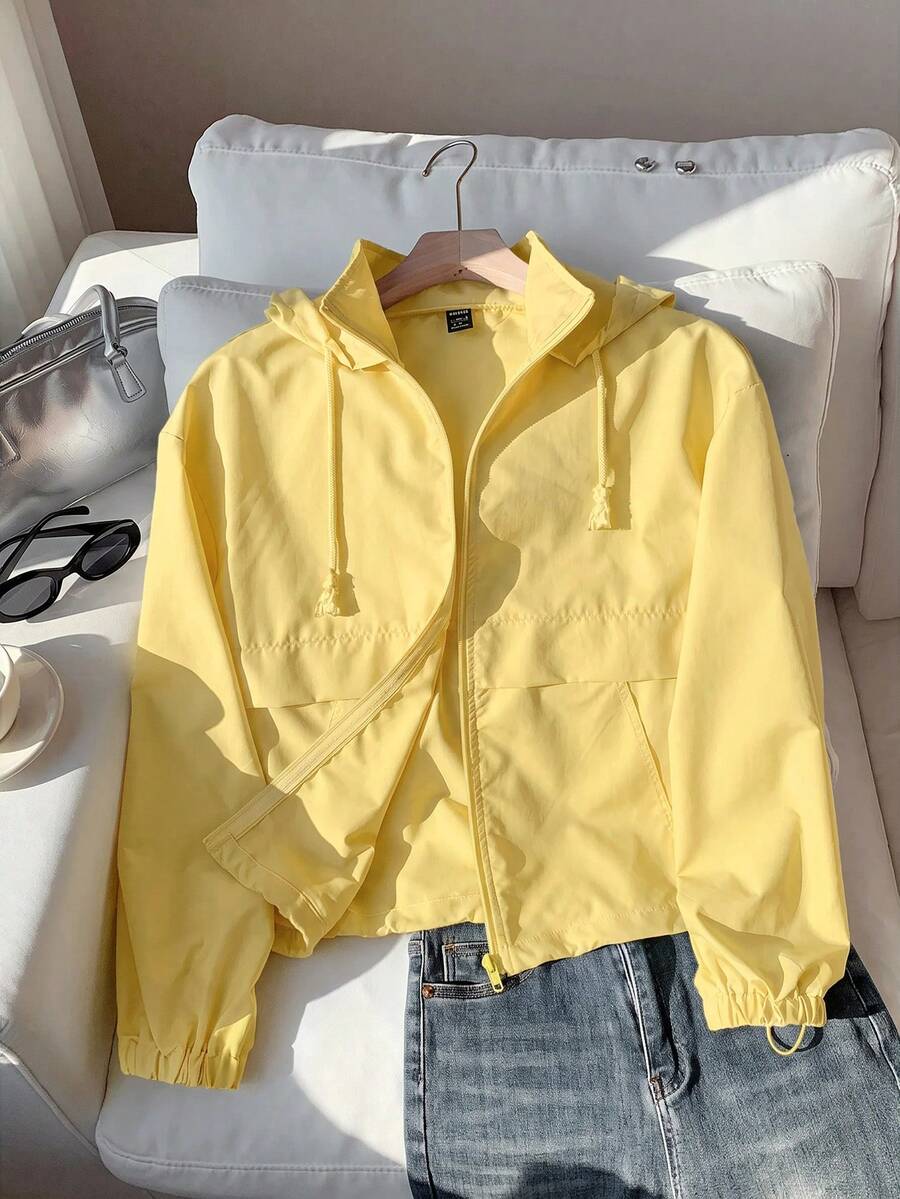 SHEIN EZwear 大尺碼女款休閒長袖拉鍊連帽外套 淡黃色 秋季 - 鵝黃色 - 查看 1