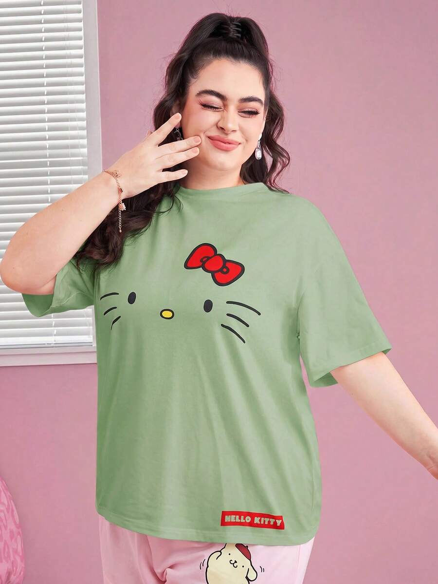 HELLO KITTY AND FRIENDS | SHEIN 大碼卡通圖案下肩寬鬆休閒夏季T恤 - 綠色 - 查看 1