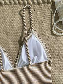 Swim Mod New Brown & White Striped Ruffle Strap One-Piece Swimsuit For Women, Summer - Brown - View 5