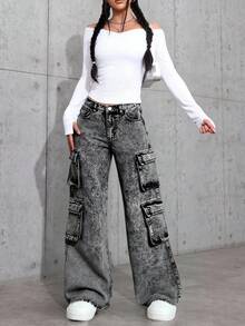 SHEIN 青少年女孩 Y2K 90年代秋季街頭斜口袋純色水洗直筒牛仔褲，Treet 風格口袋設計，柔軟優雅休閒直筒工裝牛仔褲，適合通勤、運動、年輕時尚、返校穿著，工裝褲 - 黑色 - 查看 3