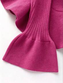 Franclia Women's Solid Color Round Neck Flared Sleeve Ruffle Hem Sweater - Hot Pink - View 6