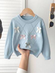 SHEIN Vintaside Kids 2026 春/秋新款 4-7 歲女童淺藍色菱格紋粗針編織套裝，3D 多色蝴蝶結圓領毛衣與長褲，兒童校園/外出/拍照針織上衣 - 藍色 - 查看 1
