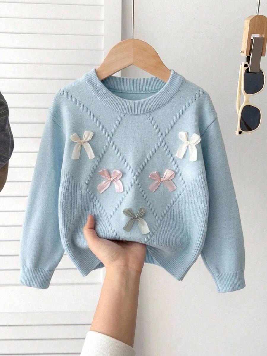 SHEIN Vintaside Kids 2026 春/秋新款 4-7 歲女童淺藍色菱格紋粗針編織套裝,3D 多色蝴蝶結圓領毛衣與長褲,兒童校園/外出/拍照針織上衣 - 藍色 - 查看 1